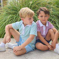 Little English classic short sleeve polo in blue, green, and white greenview stripe and red, white, and blue americana stripe. Sport short in light blue and navy. For little boy