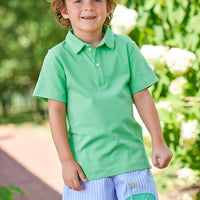 Little English traditional children's clothing. Light blue and white gingham shorts with golf applique for little boys for Spring