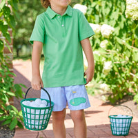 Little English traditional children's clothing. Light blue and white gingham shorts with golf applique for little boys for Spring