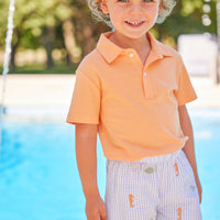 Little English traditional boy's clothing, orange short sleeve polo shirt with seersucker shorts with fish embroideries