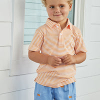 Little English traditional boy's short sleeve polo for spring, orange striped soft cotton polo
