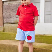 Little English traditional children's clothing. Light blue chambray basic short for little boy . Back to school shorts with red apple applique for fall. Paired with our red short sleeve polo.