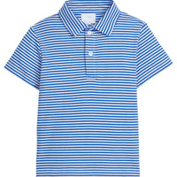 Little English traditional children's clothing. Classic royal blue striped polo for boys for Spring. 4th of July shirt for boys