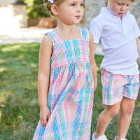 Little English traditional children's clothing. Girls multicolored plaid dress Spring. Preppy outfit for little girls