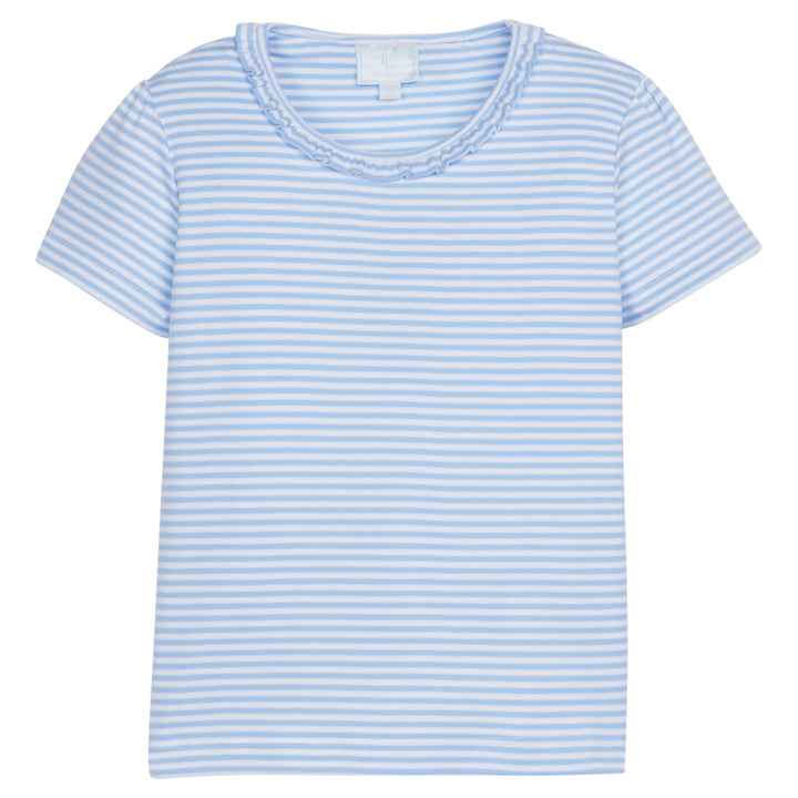 Little English traditional children's clothing, girl's casual light blue and white striped tee with ruffle scoop neck for Spring
