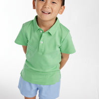 Little English soft cotton polo for boys, solid green short sleeve polo with blue twill elastic waist shorts, classic kids clothing