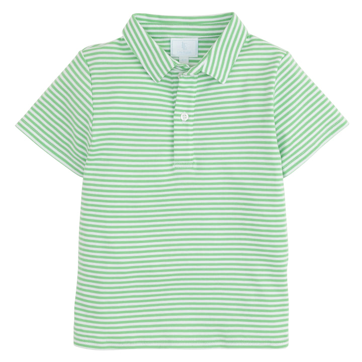 Little English classic boy's polo for spring, traditional short sleeve soft cotton polo in green stripe