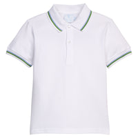 Little English classic short sleeve tipped polo with blue and green detailing on polo collar and sleeves, for little boy