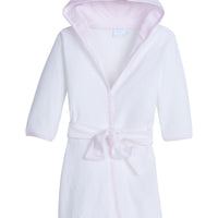 Little English traditional children's clothing. White bath robe with pink trim for girls. Gift clothing for girls
