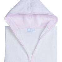 Little English traditional children's clothing. White bath robe with pink trim for girls. Gift clothing for girls
