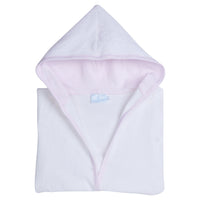 Little English traditional children's clothing. White bath robe with pink trim for girls. Gift clothing for girls