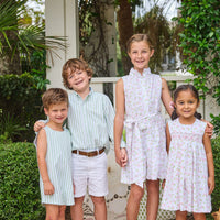 Little English traditional children's clothing. Soft green and white Savanna Stripe button down shirt for boys