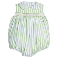 Little English traditional children's clothing. Classic sleeveless smocked peter pan bubble with soft green and white stripes for baby boys