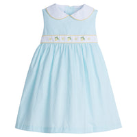 Little English traditional children's clothing. Aqua stripe peter pan dress with lemon embroidery for little girls for Spring