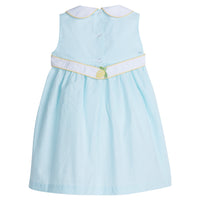 Little English traditional children's clothing. Aqua stripe peter pan dress with lemon embroidery for little girls for Spring