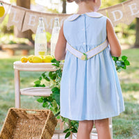 Little English traditional children's clothing. Aqua stripe peter pan dress with lemon embroidery for little girls for Spring