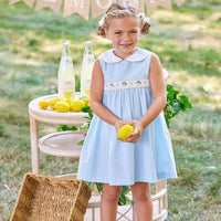 Little English traditional children's clothing. Aqua stripe peter pan dress with lemon embroidery for little girls for Spring