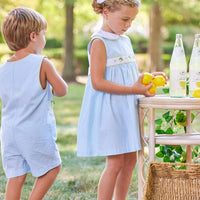 Little English traditional children's clothing, aqua seersucker stripe outfits with lemon embroidery