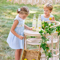 Little English traditional children's clothing, aqua seersucker stripe outfits with lemon embroidery