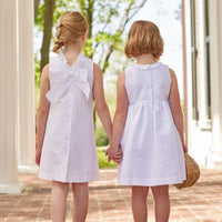Little English classic childrens clothing tween girls white shift dress with ruffle neckline and bow in the back