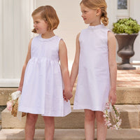 Little English classic childrens clothing tween girls white shift dress with ruffle neckline and bow in the back