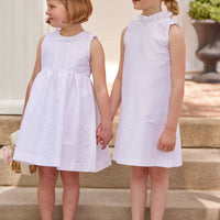 Little English classic childrens clothing tween girls white shift dress with ruffle neckline and bow in the back