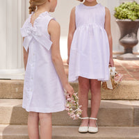 Little English classic childrens clothing tween girls white shift dress with ruffle neckline and bow in the back
