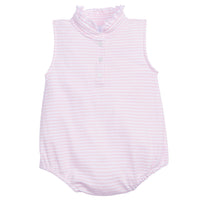 Little English classic children's clothing, baby girl knit bubble with ruffled collar in light pink and white stripes