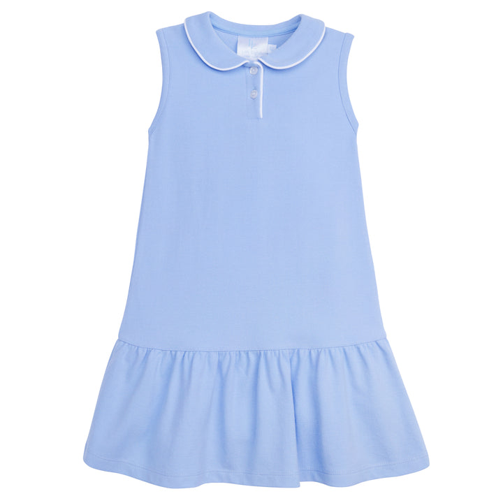 Little English traditional girl's dress for spring, sleeveless knit dress with drop waist in light blue with white piping