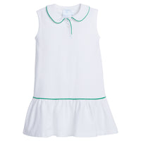 Little English traditional children's clothing. White sleeveless polo dress with green trim for girls for Spring. White and green tennis dress for girls