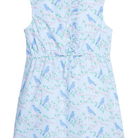 Little English traditional children's clothing. Sleeveless ruffled placket dress in light blue for older girls with elastic waist and blue bird and cherry blossom print