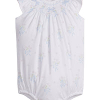 Little English traditional children's clothing. Smocked pima cotton knit bubble with bow and flower print for baby girls for Spring