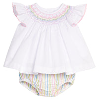 Little English traditional children's clothing. Flutter sleeve top with rainbow smocking paired with rainbow stripe seersucker diaper cover for baby girls