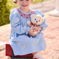 little english classic children's clothing light blue corduroy long sleeve dress with smocked neck and red heart embroidery for girls