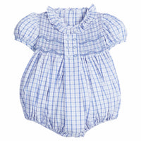 Little English classic bubble for baby girls. Blue and white plaid bubble with ruffled collar and smocking across the chest for Fall