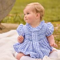 Little English classic bubble for baby girls. Blue and white plaid bubble with ruffled collar and smocking across the chest for fall