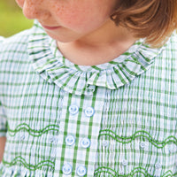 Little English traditional children's clothing, girl's classic light green plaid smocked dress for Spring with puff sleeves and peter pan collar