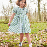 Little English traditional children's clothing, girl's classic light green plaid smocked dress for Spring with puff sleeves and peter pan collar