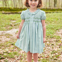 Little English traditional children's clothing, girl's classic light green plaid smocked dress for Spring with puff sleeves and peter pan collar