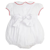 little english classic children's clothing baby girls white bubble with red piping and bow in back for holiday
