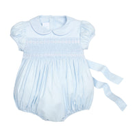 Little English classic smocked emery bubble in light blue with white detailing, smocking around chest, tieable in back, for little girl