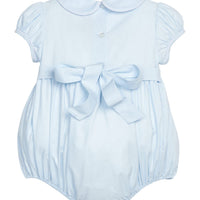 Little English classic smocked emery bubble in light blue with white detailing, smocking around chest, tieable in back, for little girl