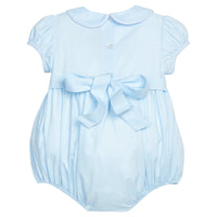 Little English classic smocked emery bubble in light blue with white detailing, smocking around chest, tieable in back, for little girl