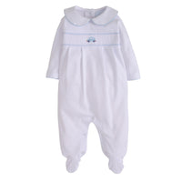 Little English traditional baby clothes, classic white knit footie with peter pan collar, light blue picot trim, and smocking across the chest with light blue car in the center