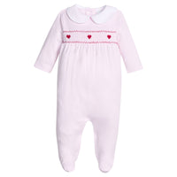 little english classic children's clothing baby girls light pink footie with smocked chest with red heart embroidery