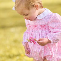 little english classic children's clothing baby girls pink and white floral long sleeve bubble with peter pan collar, chest smocking, and bow embroidery for fall
