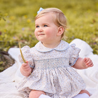 little english classic children's clothing baby girls light blue, cream, and light tan floral cap sleeve bubble with peter pan collar, chest smocking, and embroidery for fall