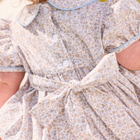 little english classic children's clothing baby girls light blue, cream, and light tan floral cap sleeve bubble with peter pan collar, chest smocking, and embroidery for fall