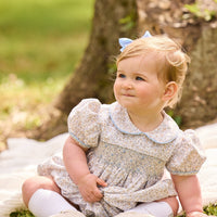 little english classic children's clothing baby light blue, cream, and light tan floral bubble for girl with peter pan collar, chest smocking, and embroidery, for fall