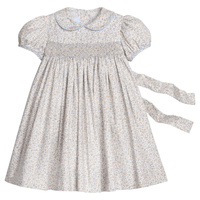 little english classic children's clothing girls light blue, cream, light tan floral cap sleeve dress with peter pan collar, chest smocking, and embroidery for fall